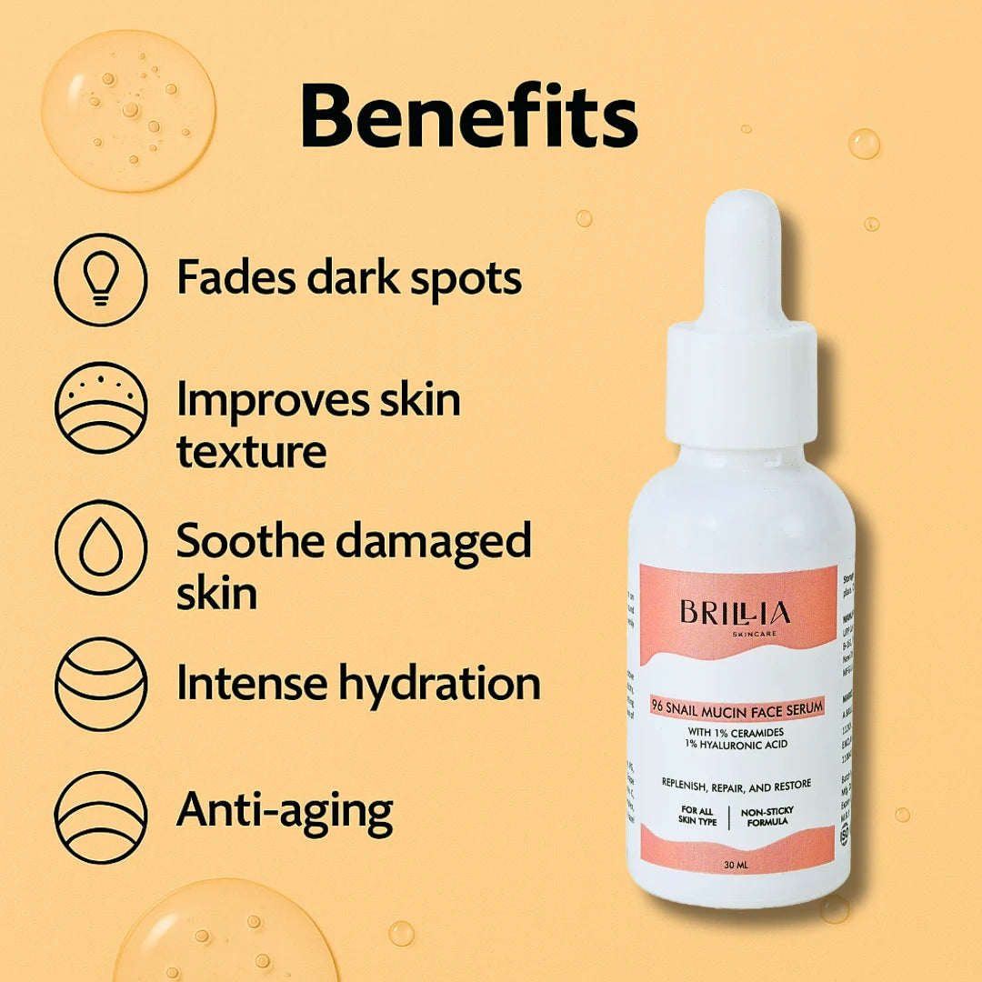 Snail Mucin 96% With Hyaluronic Acid and Ceramides Face Serum – Intense Hydration, Skin Repair, Anti-Aging & Barrier Restoration – For Dry, Sensitive & Damaged Skin | Korean Skincare -(30ml)