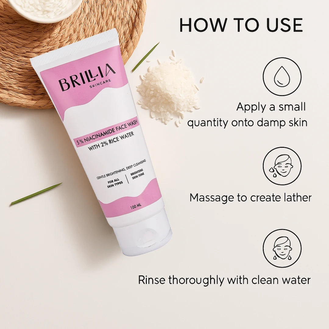 5% Niacinamide With 2% Rice Water Face Wash |  Treats Active Acne & Fades Acne Marks | Face Wash for Tan Removal, Clear and Bright Skin & Glowing Skin | Korean Skincare -(100ml)